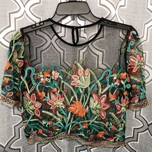 Boho sexy black mesh floral embroidered crop top